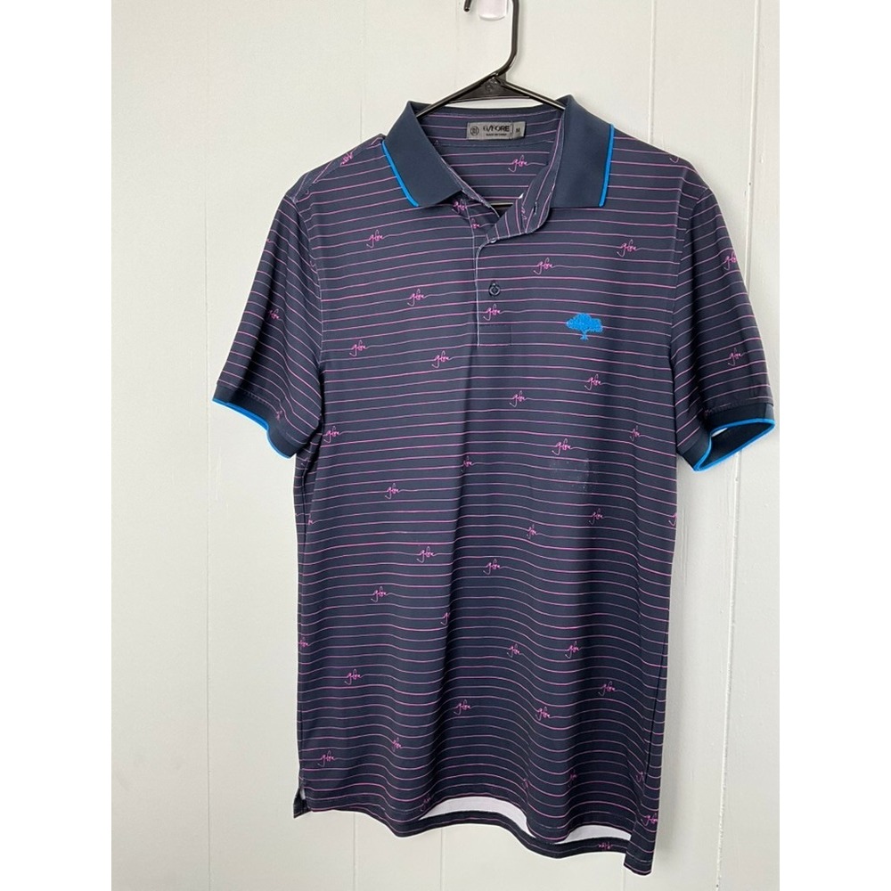 G/FORE Mens Polo Shirt Medium Navy Pink Striped Script Logo Performance Golf Top